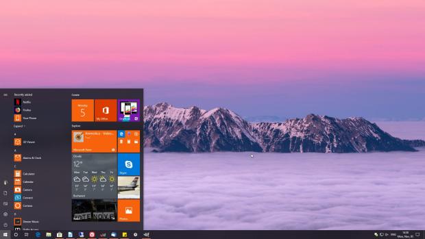 This is the Windows 10 desktop with a live tile-based Start menu