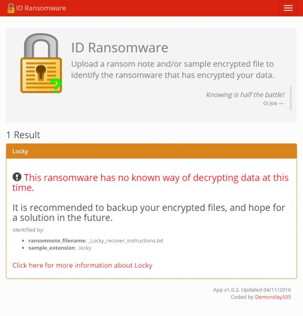 ID Ransomware service detecting the Locky ransomware variant