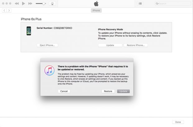 iTunes update message for bricked iPhones