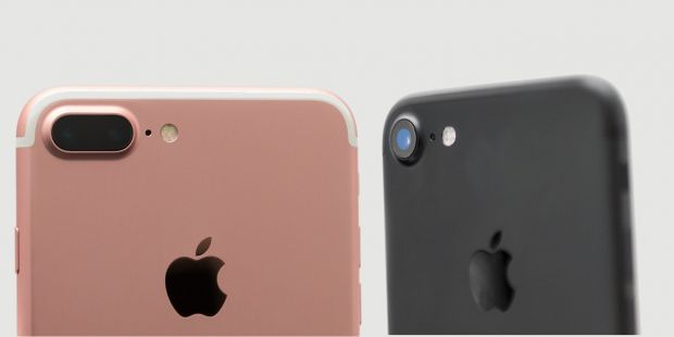 Dual cameras on the iPhone 7 Plus (left) and single-lens camera on the iPhone 7