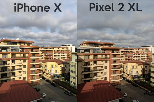 iPhone X vs. Pixel 2 XL building test: check the sky and the colors of the buildings