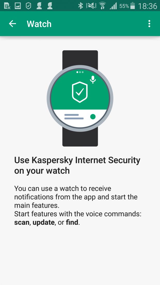Screenshot of Kaspersky Internet Security for Android with smartwatch pairing feature