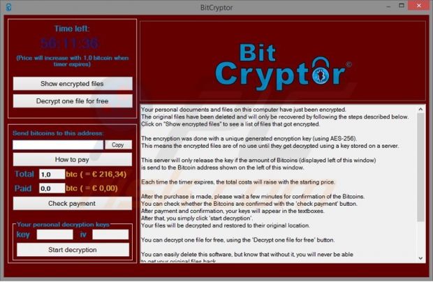 Computer infected with Bitcryptor ransomware