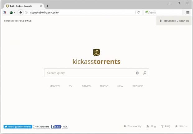 Kickass Torrents portal on the Dark Web