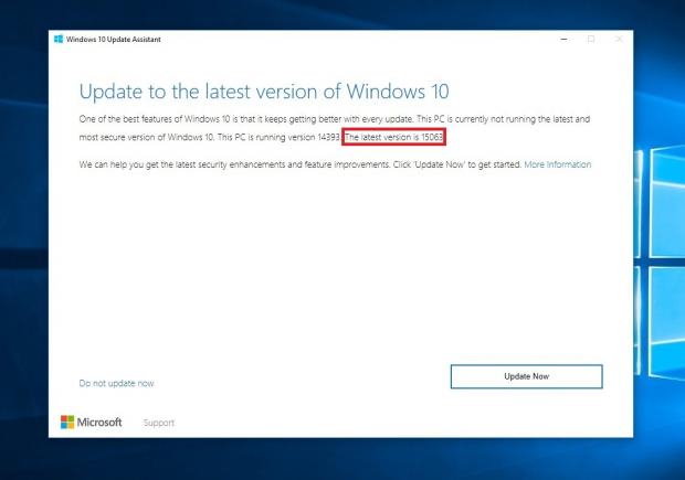 Windows 10 Update Assistant confirming upgrade to version 15063