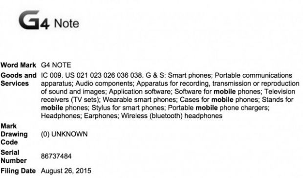 LG G4 Note shows up in trademark
