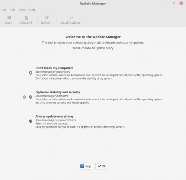 New first-time Update Manager configuration screen