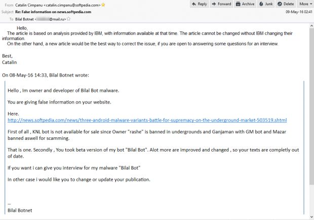 Email received by Softpedia, and our answer to Bilal Bot's author
