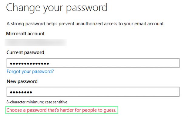 Error that shows up when changing the password of a Microsoft Account with "Password"