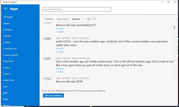 Suggestions posted in the Windows 10 Feedback app