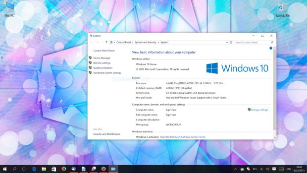 Windows 10 running on Sony VAIO