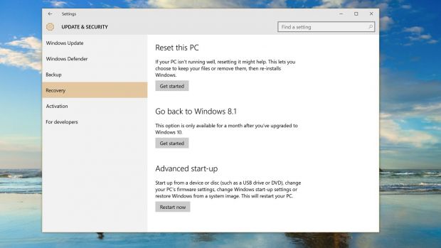 Downgrade option in Windows 10 Settings app