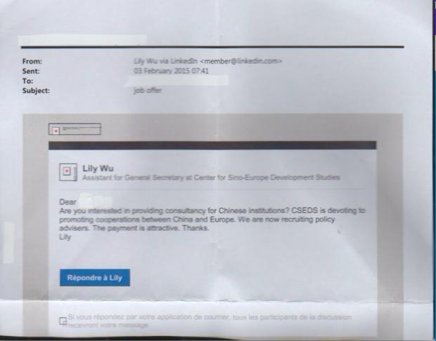 Alleged email sent by a fake LinkedIn profile in cyber-recruiting attempt