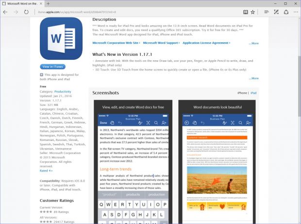 Microsoft Word in the App Store, see the number of ratings