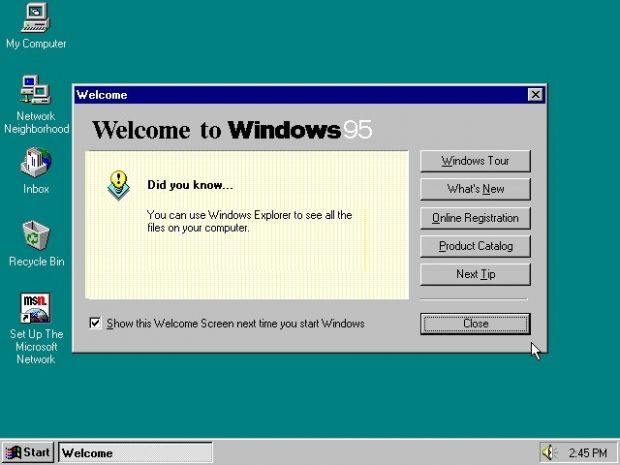 Windows 95 desktop with start-up tutorial
