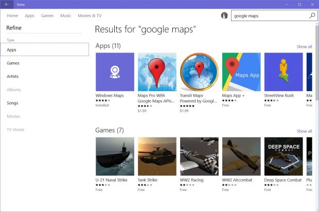 Painful results: no Google Maps app on Windows 10