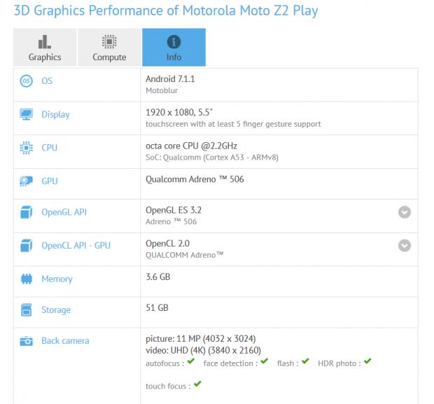 Moto Z2 Play listing on GFXBench