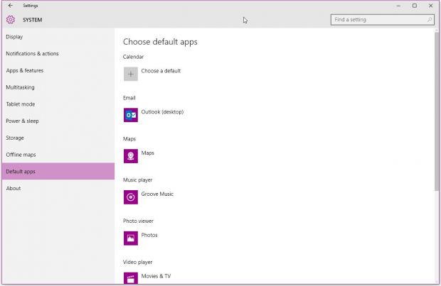 Default apps screen in Windows 10
