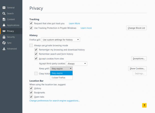 Cookie management settings in Firefox 44