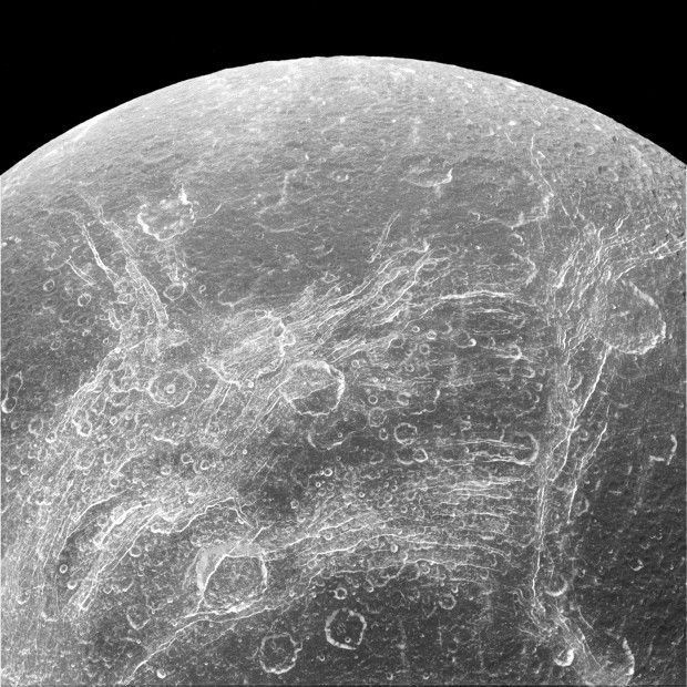 A close-up view of Saturn's moon Dione