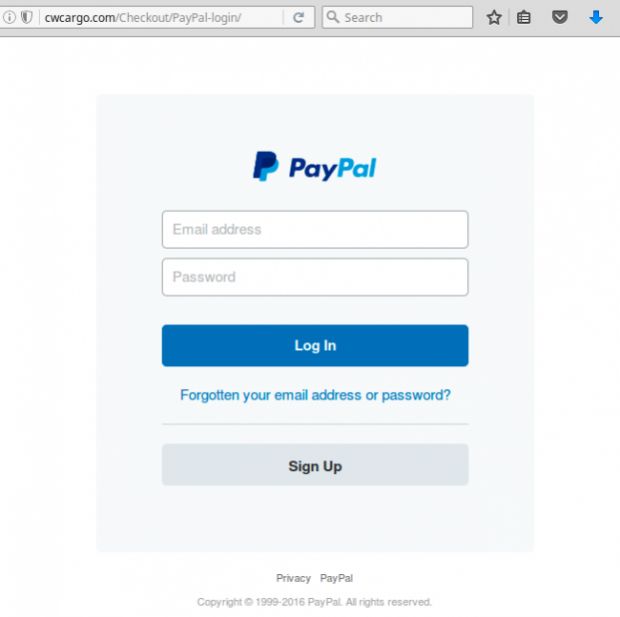 One of the fake PayPal phishing pages, also included in the recent campaign