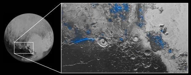 Exposed water ice deposits on Pluto are highlighted in blue in this image