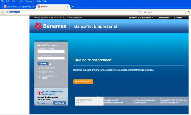 Fake Banamex banking portal, used to phish user credentials