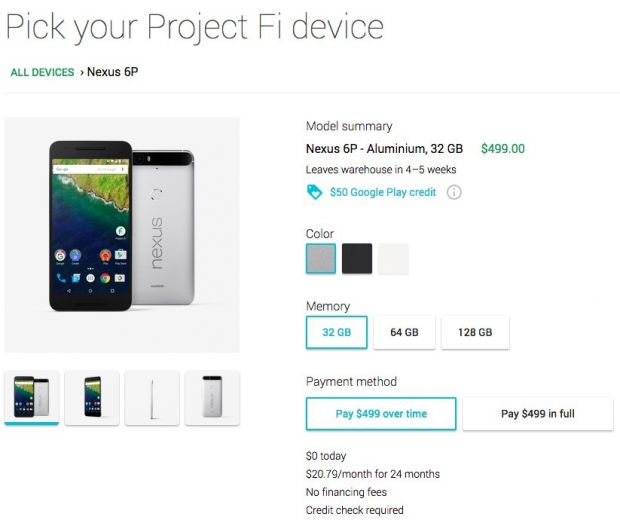 Project Fi allows you to finance a Nexus 6P