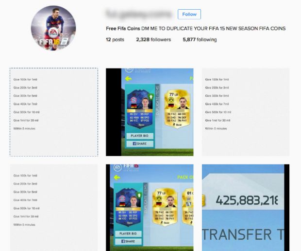 Instagram account selling stolen gaming currency and items