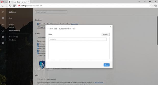 Opera 39 lets users add custom ad-block lists