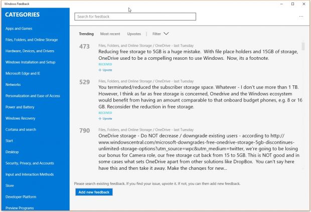 OneDrive suggestions posted in the Feedback app