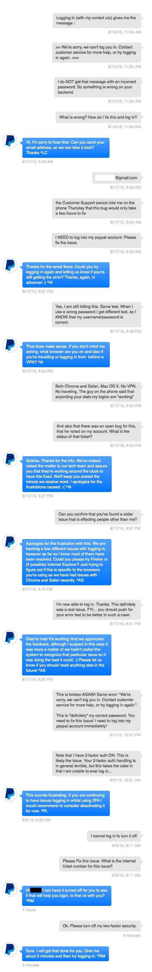 PayPal customer support conversation