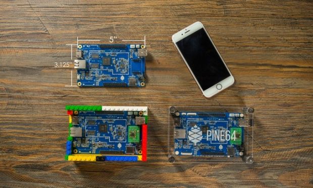 PINE A64 boards next to iPhone 6S for size comparison