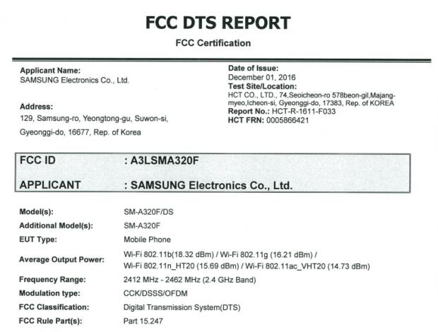 FCC certification for the Galaxy A3 (2017)