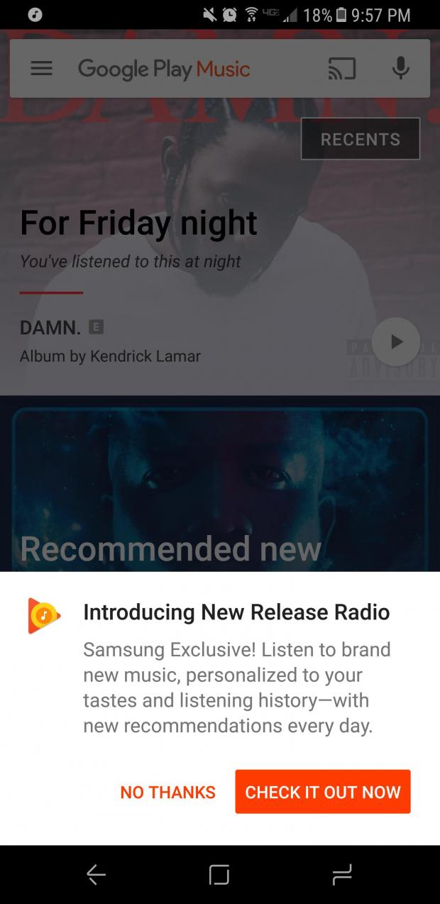 New Release Radio feature is exclusive to Samsung S8 and S8+