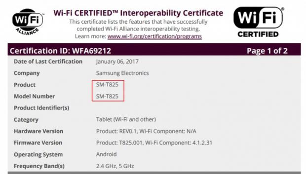Samsung Galaxy Tab S3 Wi-Fi certification