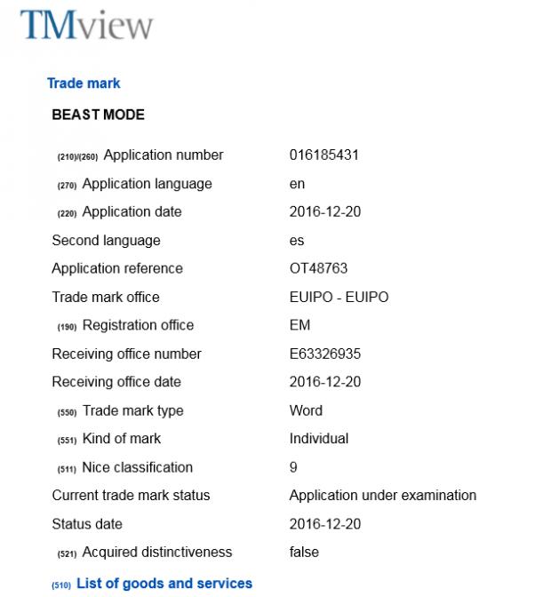 Samsung trademark application for Beast Mode