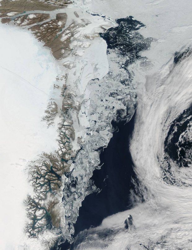 True-color image of sea ice off the coast of Greenland