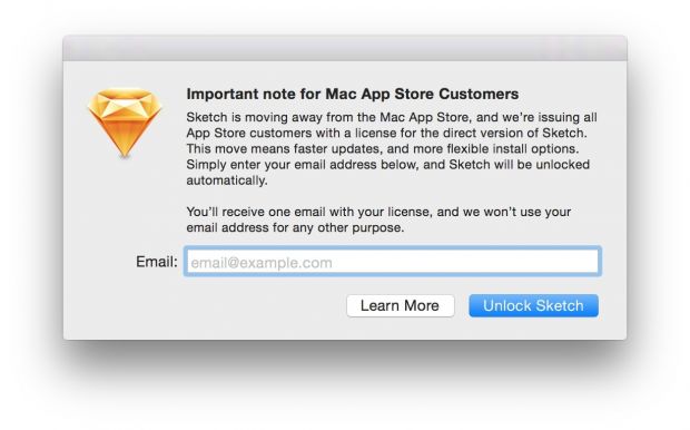 Sketch users prompted for an email address where to receive a new Sketch license