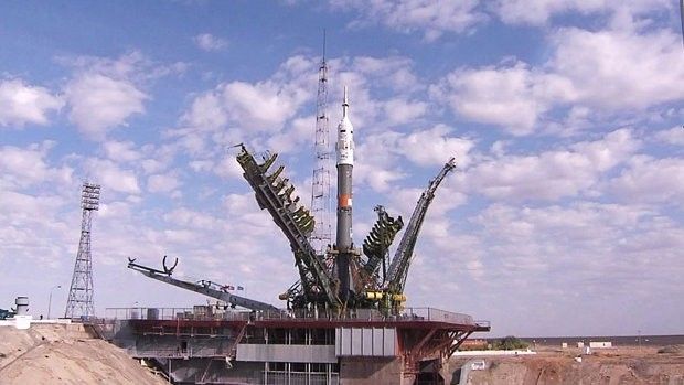Soyuz TMA-18M rocket sits atop its launch pad at the Baikonur Cosmodrome in Kazakhstan