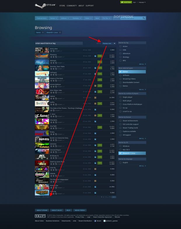 Steam shows 1,821 SteamOS+Linux games when sorting by "Release Date"