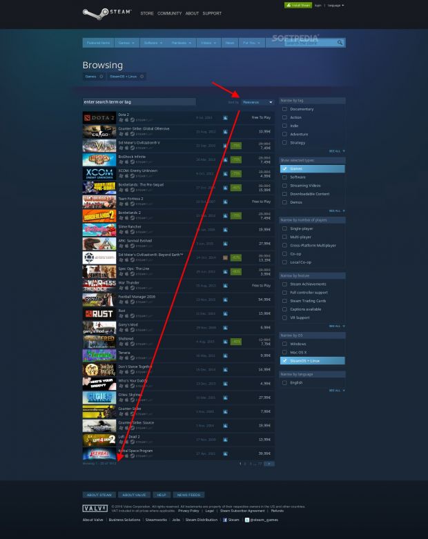 Steam shows 1,912 SteamOS+Linux games when sorting by "Relevance"