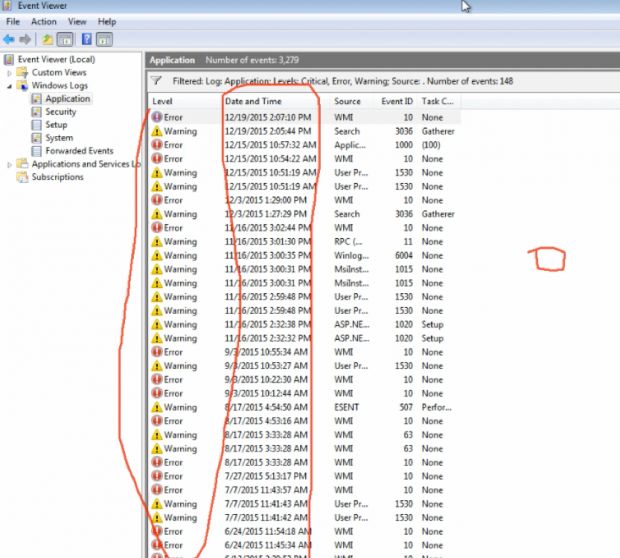 The Windows events log viewer