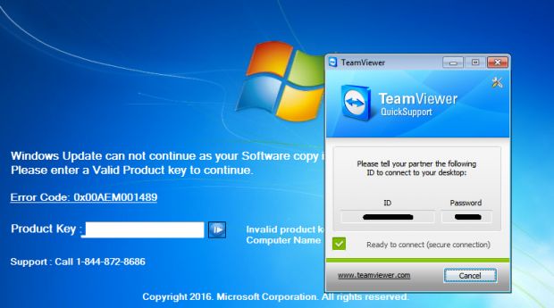 Tech support scam showing a hidden TeamViewer instance