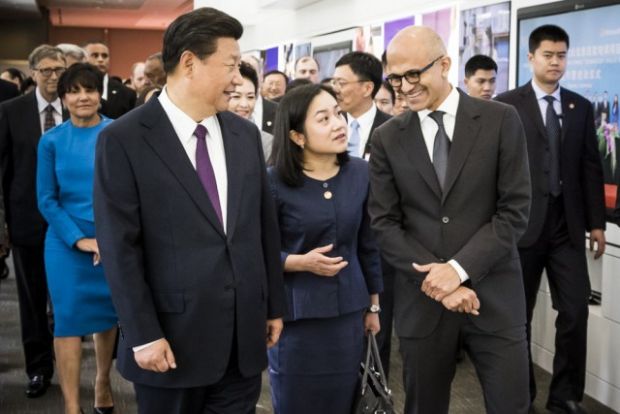 Chinese President Xi Jinping, his translator and Microsoft CEO Satya Nadella