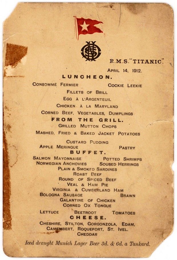 A menu from the last lunch served on the Titanic on April 14, 1912