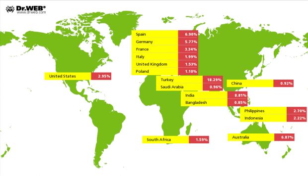 Geographical distribution of Android.SmsSpy victims