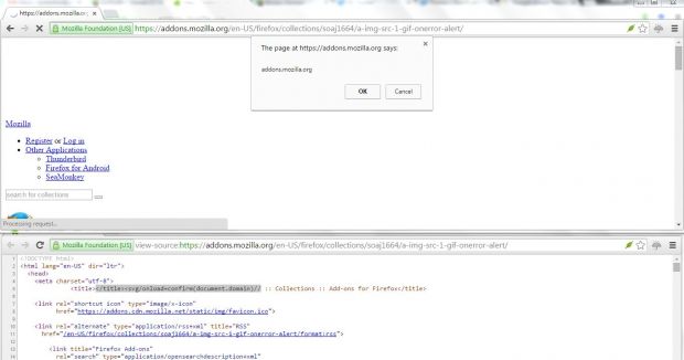 XSS bug in action, triggering unquthorized code on Mozilla's site