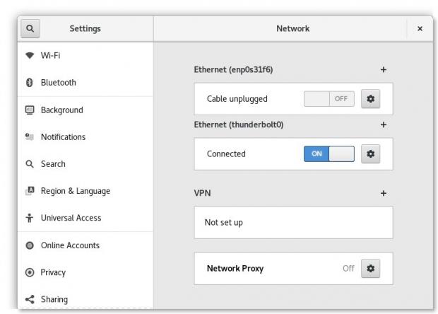 GNOME Settings' Network Panel showing Thunderbolt networking connections